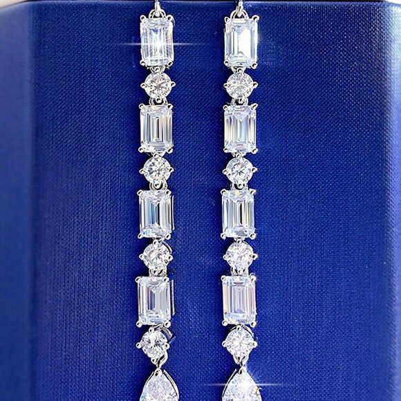 Luxury Silver Geometric Cubic Zirconia Dangle Women's Earrings - Picture 6 of 8